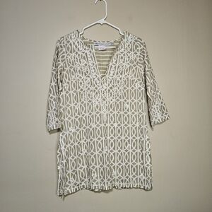 Gretchen Scott 3/4 Sleeve Tunic Top Embroidered Pullover Women's Size XS Tan